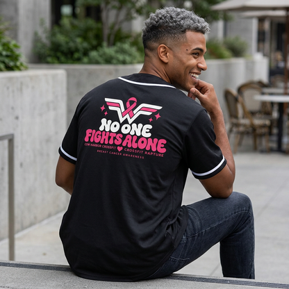 Breast Cancer Awareness Baseball Jersey — "No One Fights Alone" Charity Tee